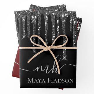 Elegant Monogram Black Glitter Drips   Sheets