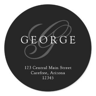 Elegant Monogram Black Grey Address Classic Round Sticker