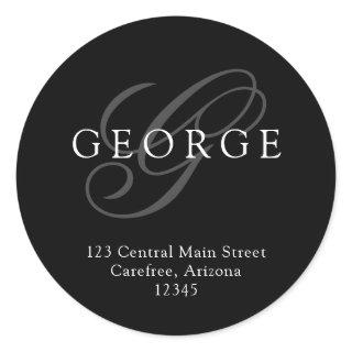 Elegant Monogram Black Grey Address Classic Round Sticker