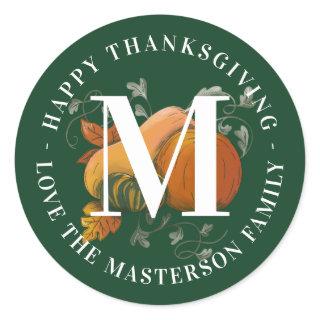 Elegant Monogram Fall Harvest Happy Thanksgiving Classic Round Sticker