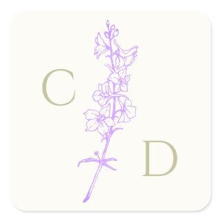 Elegant Monogram  Lavender Larkspur Floral  Square Sticker