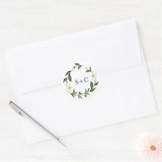 Elegant Monogram Simple White Daisy Floral Wedding Classic Round Sticker