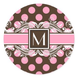 Elegant Monogrammed Geometric Dot Pattern Classic Round Sticker
