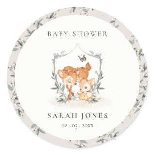 Elegant Mum Deer Fawn Floral Crest Baby Shower Classic Round Sticker