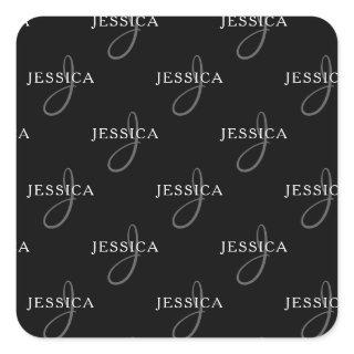 Elegant Name & Monogram | Black, White & Grey Square Sticker