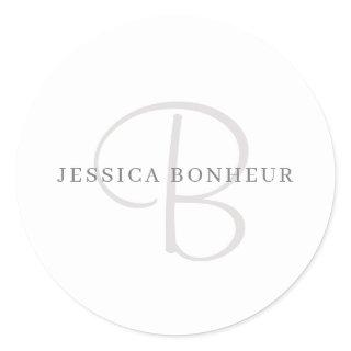 Elegant Name Monogram | White & Grey Classic Round Sticker