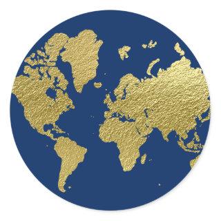 Elegant Navy and Gold World Map Classic Round Sticker