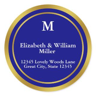 Elegant Navy Blue and Gold Monogram Address Classic Round Sticker