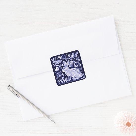 Elegant Navy Blue Bunny Rabbit Birds Easter Delft Square Sticker