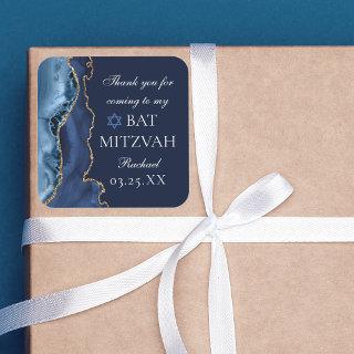 Elegant Navy Blue Gold Agate Bat Mitzvah Party Square Sticker