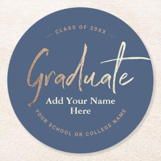 Elegant Navy Blue Gold Graduation Party Round Paper Coaster