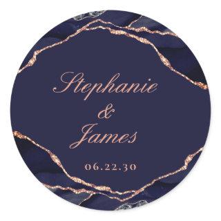 Elegant Navy Blue Rose Gold Foil Agate Wedding Classic Round Sticker