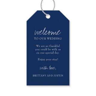 Elegant Navy Blue Script Wedding Welcome Gift Tags