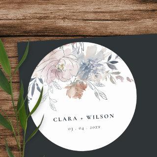 Elegant Navy Blush Watercolor Floral Wedding Classic Round Sticker