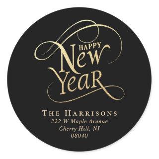 Elegant New Year Black Gold Return Address Classic Round Sticker