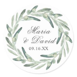 Elegant Olive Sprig Greenery Script Classic Round Sticker