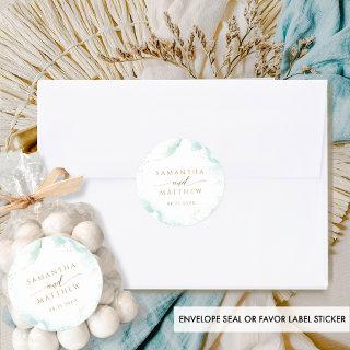Elegant Pale Blue and Green Watercolor Wedding Classic Round Sticker