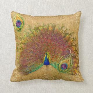 Elegant Peacock Autumn Fall Gold Foil Feathers Throw Pillow