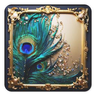 Elegant peacock feather art nouveau frame gold  square sticker