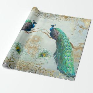 Elegant Peacock Feathers Pair Blue Gold Decoupage