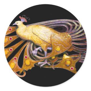 ELEGANT PEACOCK IN YELLOW ,BLACK CLASSIC ROUND STICKER