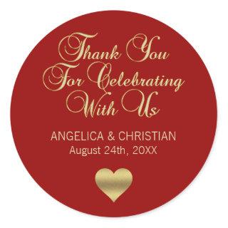 Elegant Personalized RED Gold Thank you Wedding Classic Round Sticker