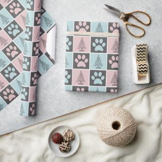 Elegant Pink and Blue Christmas Paw print Pattern