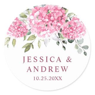 Elegant Pink Blush Hydrangea Eucalyptus Wedding Classic Round Sticker
