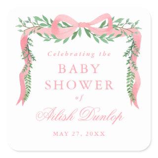 Elegant Pink Bow with Greenery Boy Baby Shower Square Sticker