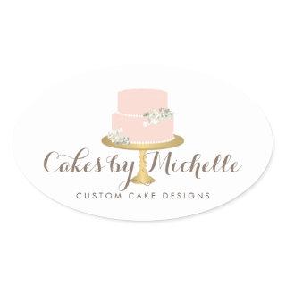 Elegant Pink Cake with Florals Cake Decorating Oval Sticker