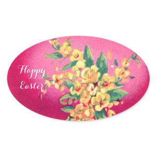 ELEGANT PINK FUCHSIA EASTER EGG AND YELLOW FLOWERS OVAL STICKER