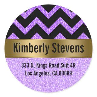 Elegant Pink Glitter Black Chevron Gold Accents Classic Round Sticker