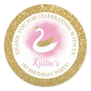 Elegant Pink Gold Swan Princess Girl Birthday Classic Round Sticker