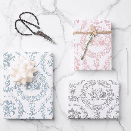 Elegant Pink, Gray & Blue on White Engraved Floral  Sheets