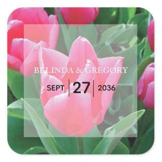 Elegant Pink Tulips Wedding  Square Sticker