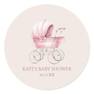 Elegant Pink Vintage Baby Carriage Baby Shower Classic Round Sticker
