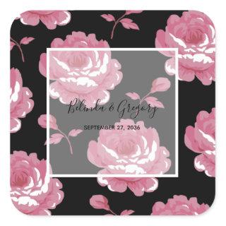 Elegant Pink Vintage Roses Wedding Square Sticker