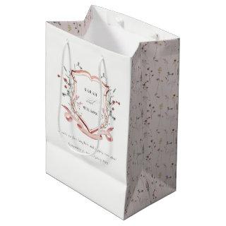 Elegant Pink Wildflower Watercolor Crest Wedding Medium Gift Bag