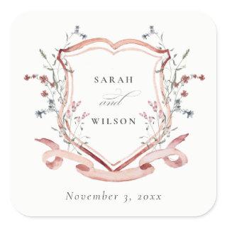 Elegant Pink Wildflower Watercolor Crest Wedding Square Sticker