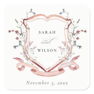 Elegant Pink Wildflower Watercolor Crest Wedding Square Sticker