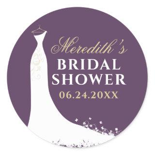 Elegant Plum and Gold Wedding Gown Bridal Shower Classic Round Sticker
