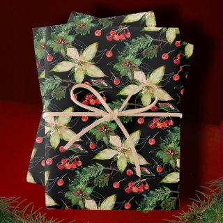 Elegant Poinsettia and Berries on Black  Sheets