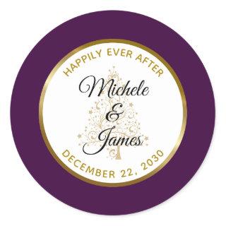 Elegant Purple Gold Winter Holiday Wedding Classic Round Sticker