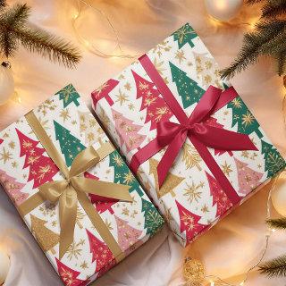 Elegant Red Green Gold Christmas Trees Pattern