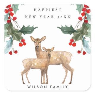 ELEGANT RED GREEN HOLLY BERRY DEER DUO NEW YEAR SQUARE STICKER