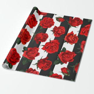 Elegant Red Roses on Black & White Stripes