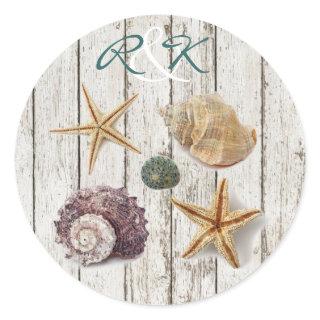 elegant romantic cottage seashells beach wedding classic round sticker