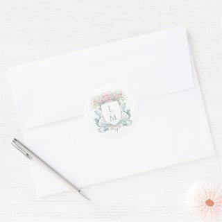 Elegant Rose Crest w/ Bow | Monogram Wedding Classic Round Sticker