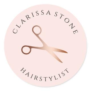Elegant rose gold & pink scissors hairstylist classic round sticker