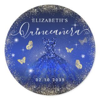 Elegant Royal Blue Gold Glitter Gown Quinceañera Classic Round Sticker